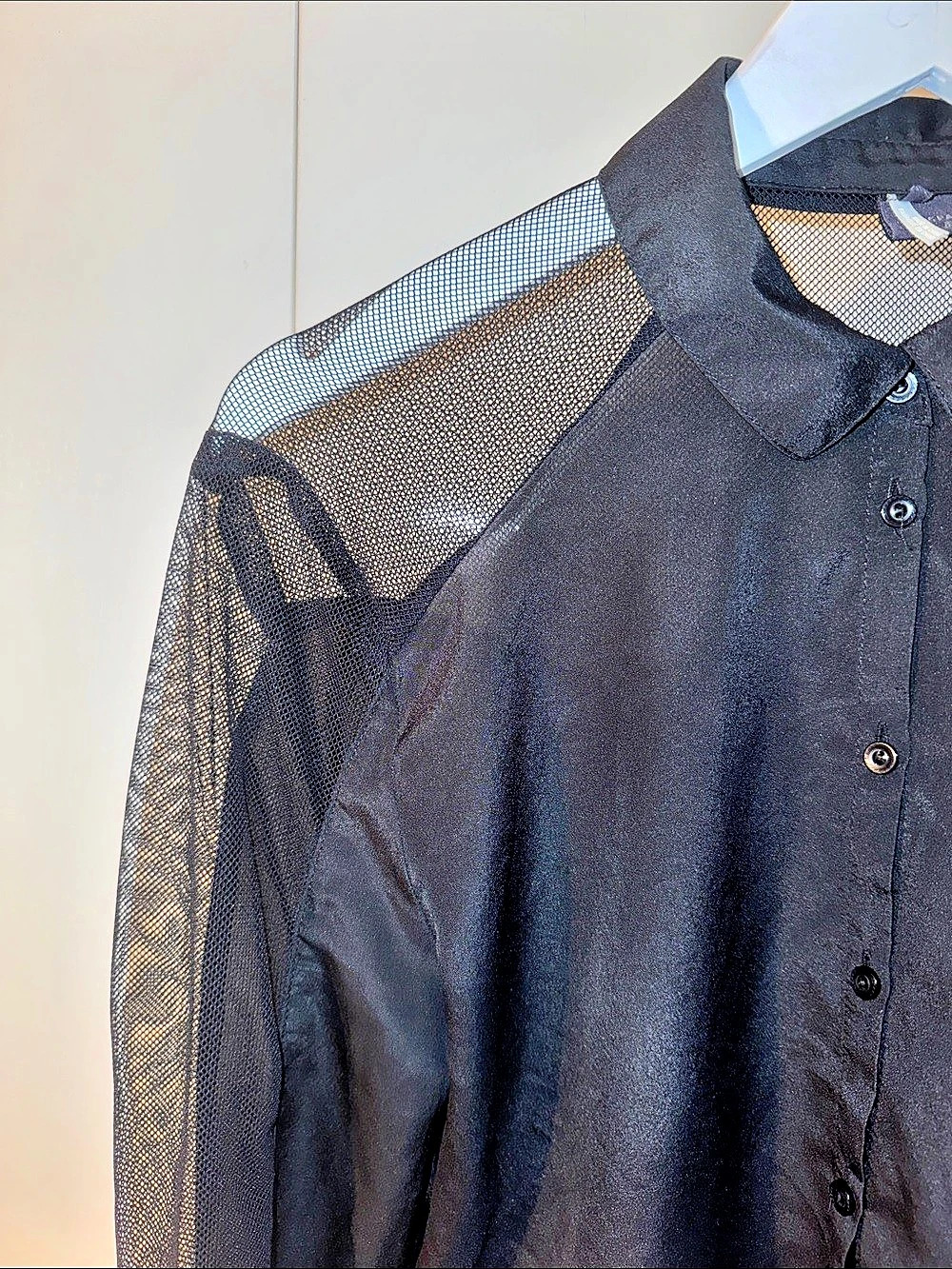 Black Mesh Sleeve & Shoulder Button Down Shirt - Picture 3 of 6